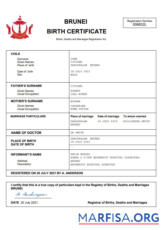Blank Brunei vital record birth certificate Word and PDF template